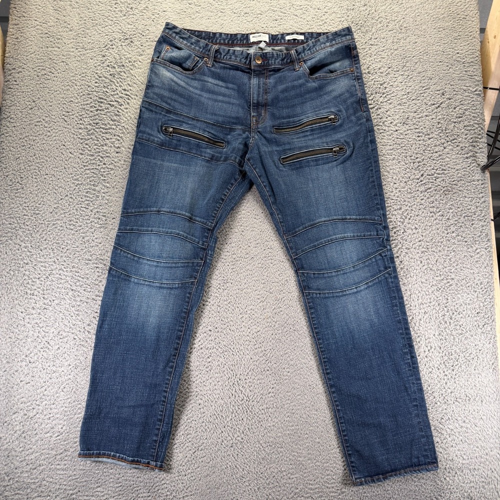 William Rast Jeans Men's 40x32 Blue Denim Straight Slim Faded Stretch Biker Moto